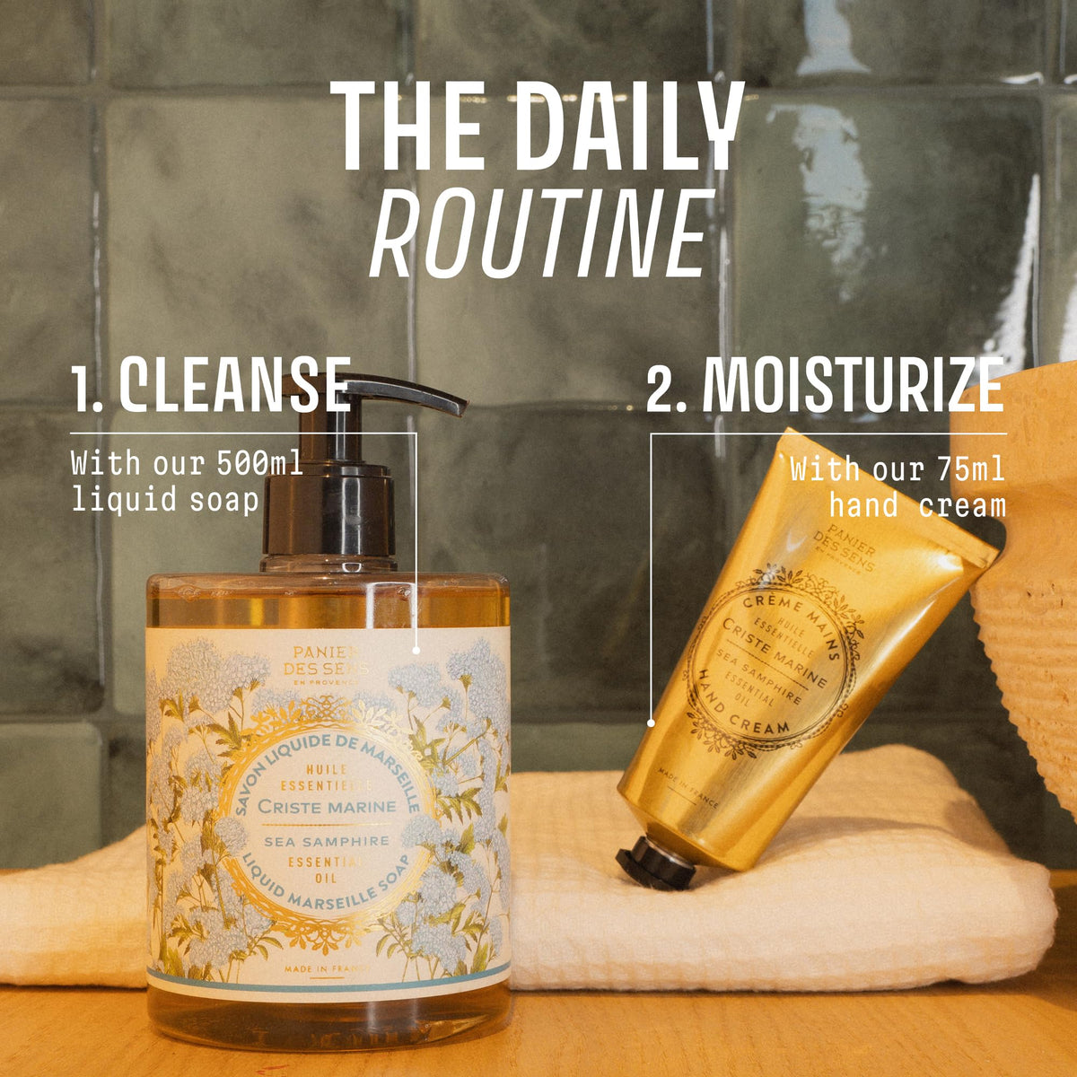 Panier des Sens hand soap placed in modern bathroom providing fresh coastal ambiance