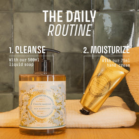 Panier des Sens hand soap placed in modern bathroom providing fresh coastal ambiance