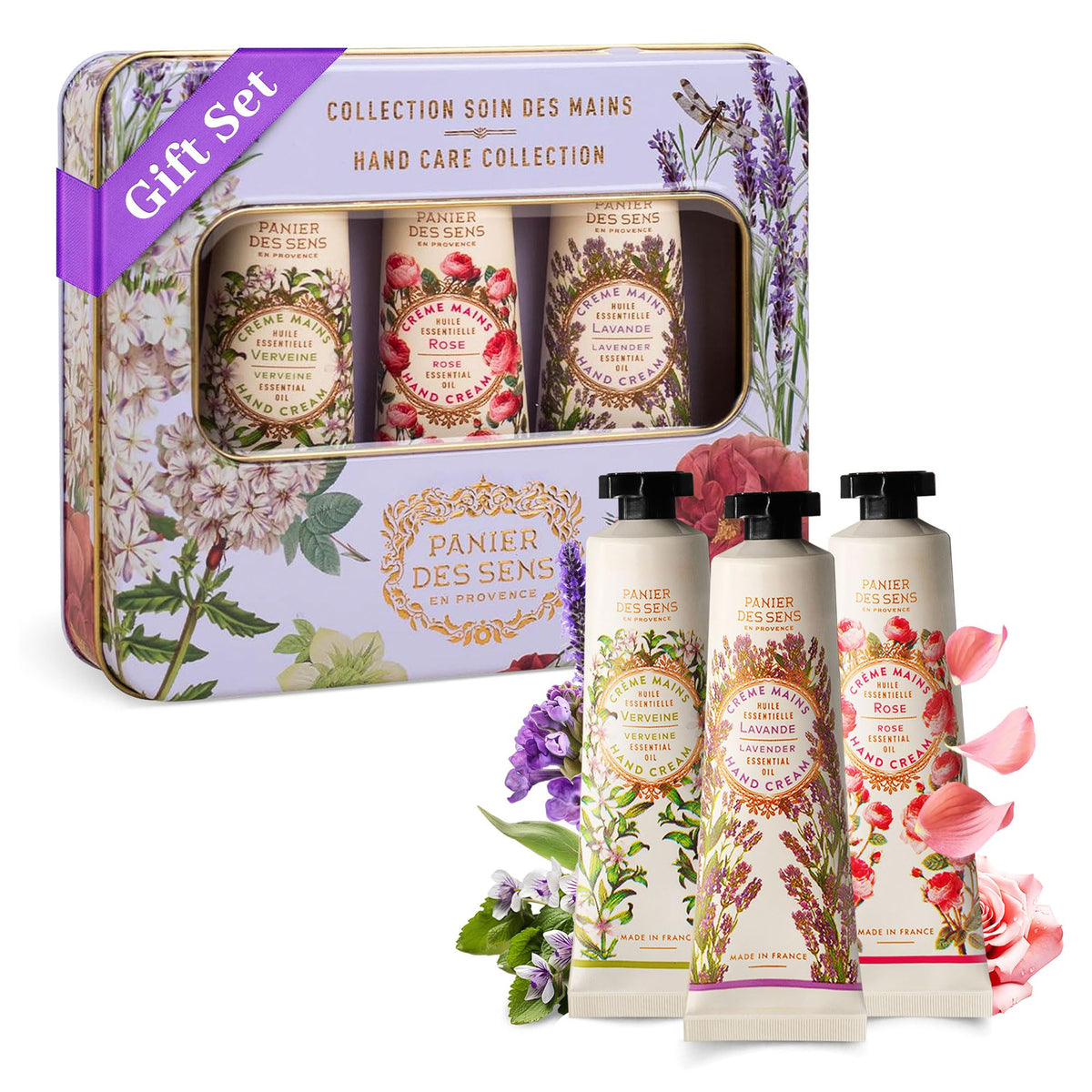 Panier des Sens tin front view showing elegant gift packaging and Mediterranean design