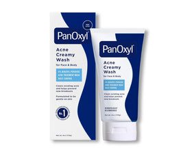 PanOxyl creamy texture close-up illustrating moisturizing formula and gentle cleanse