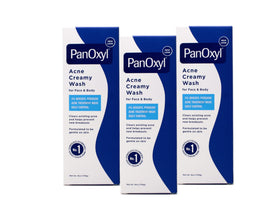 PanOxyl front packaging showing 4% benzoyl peroxide strength and three-pack convenience