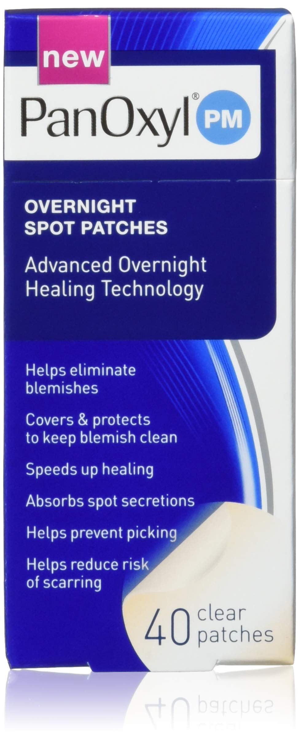 PanOxyl front packaging showing 40 count pack and two patch sizes for fast healing