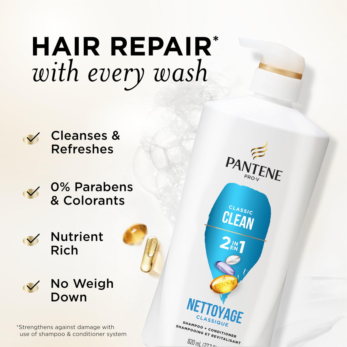 Pantene bottle close-up of dispenser demonstrating easy use