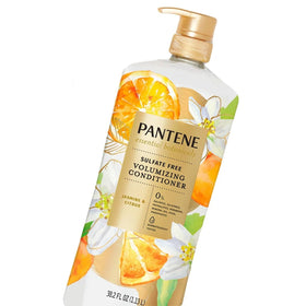 Pantene bottle on vanity demonstrating pump convenience and sustainable bottle