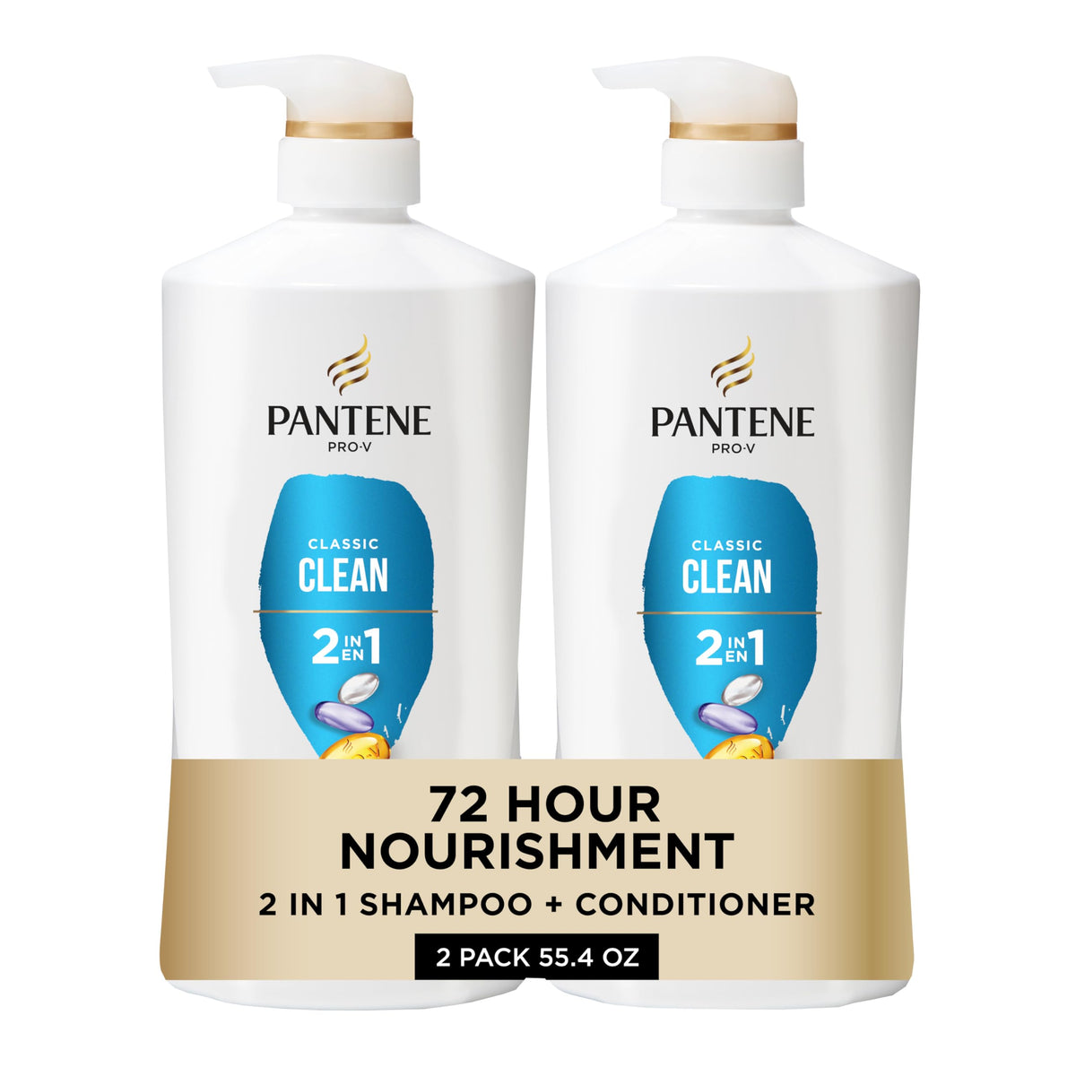 Pantene front packaging showing 2-in-1 and rescue shot benefits