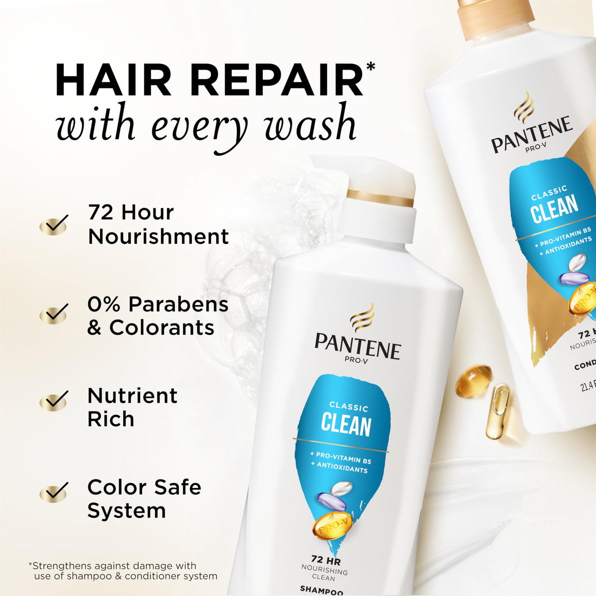 Pantene shampoo pump dispensing lather to show gentle cleansing benefit