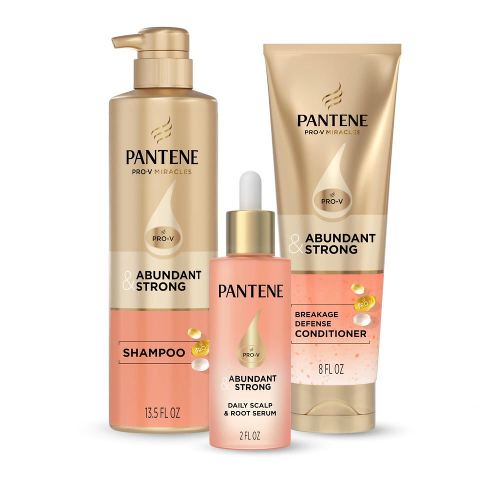 Pantene front packaging showing full Abundant & Strong regimen and benefits