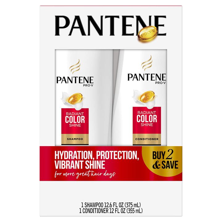 Pantene front packaging showing shampoo and conditioner with visible size benefits