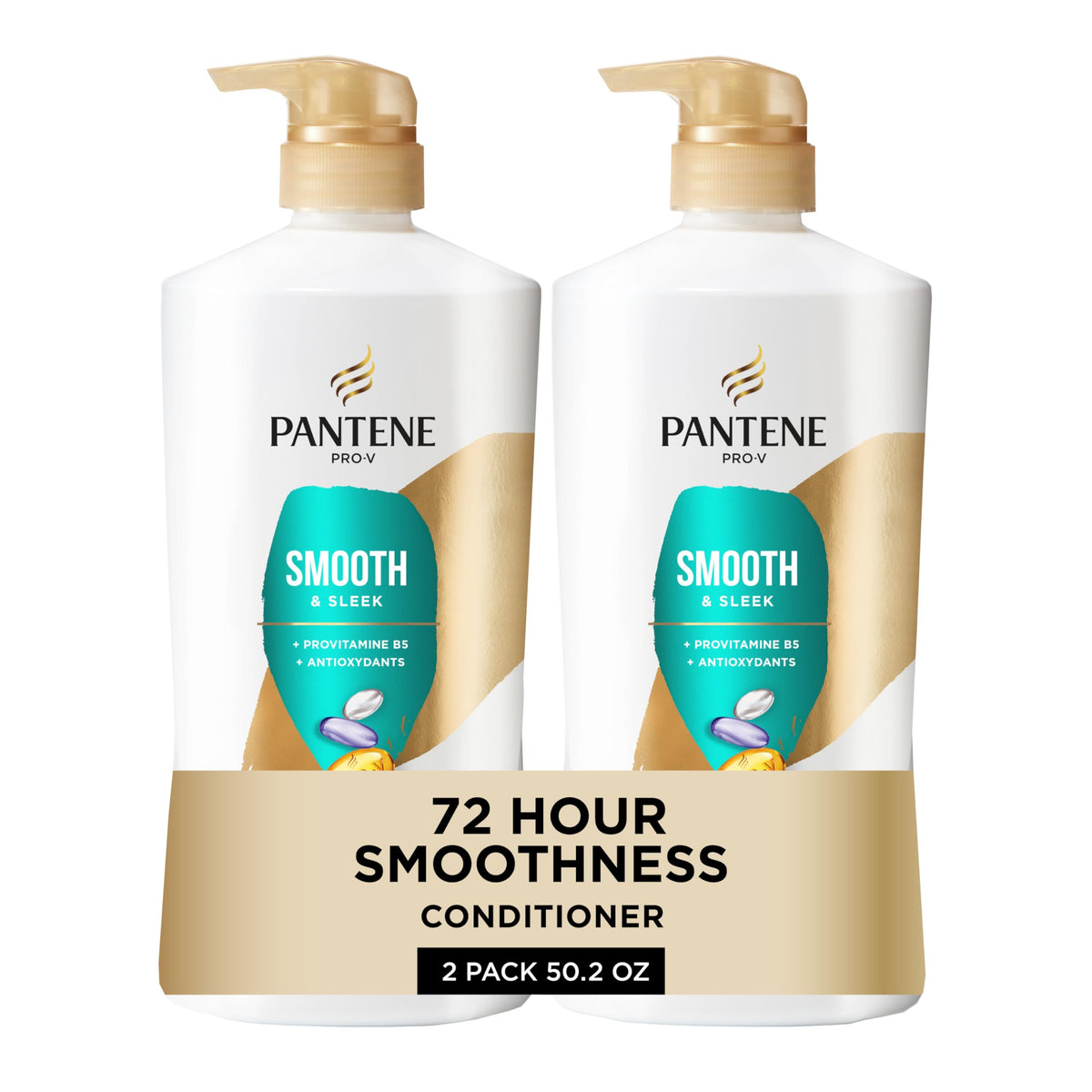 Pantene front packaging showing Smooth & Sleek conditioner and benefit