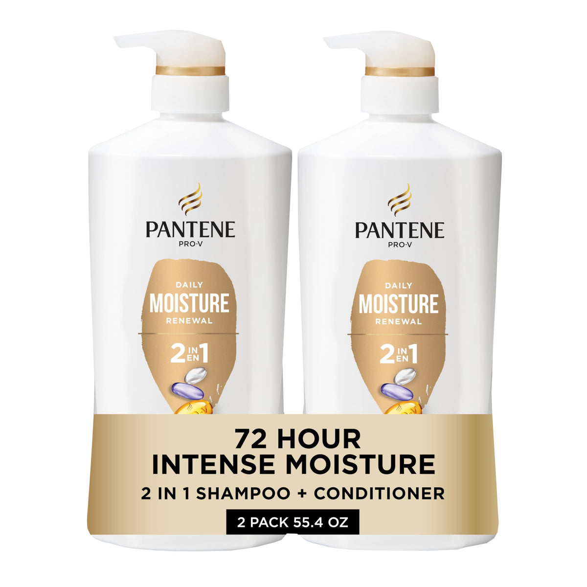 Pantene front packaging showing twin 27.7 oz bottles and benefits