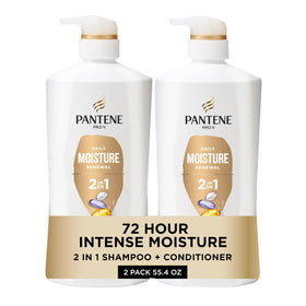 Pantene front packaging showing twin 27.7 oz bottles and benefits