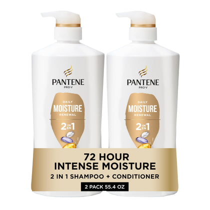 Pantene front packaging showing twin 27.7 oz bottles and benefits