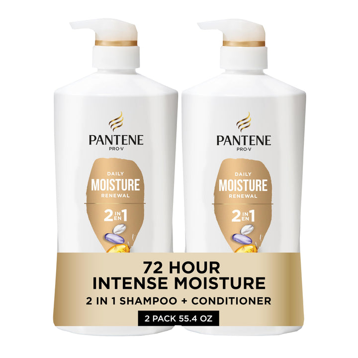 Pantene front packaging showing twin 27.7 oz bottles and benefits
