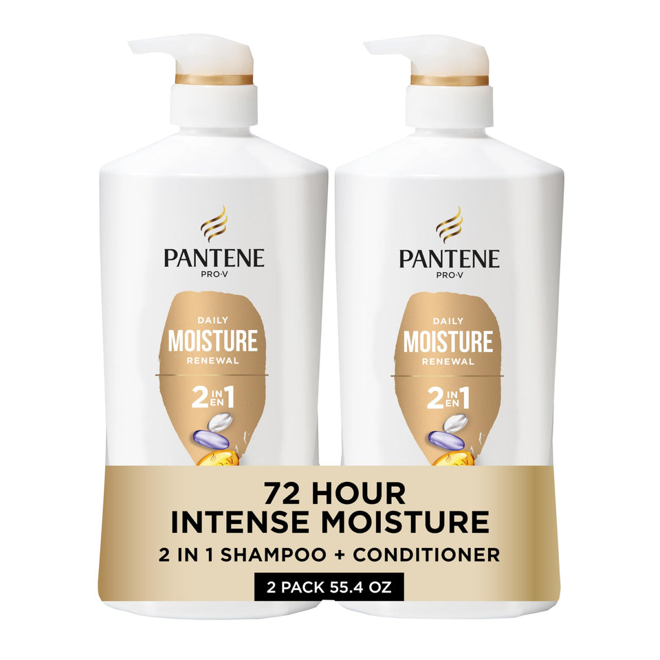 Pantene front packaging showing twin 27.7 oz bottles and benefits