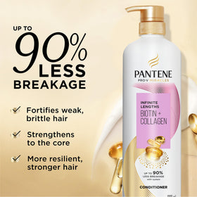 Pantene close-up label on the Infinite Lengths bottle highlighting Biotin and Collagen