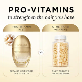 Pantene Pro‑Vitamin Essence being misted on damp hair for repair and hydration