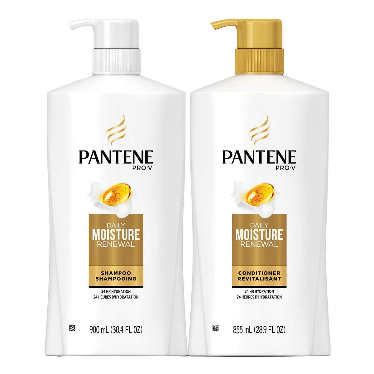 Pantene Pro-V front packaging showing large shampoo and conditioner, hydrates hair