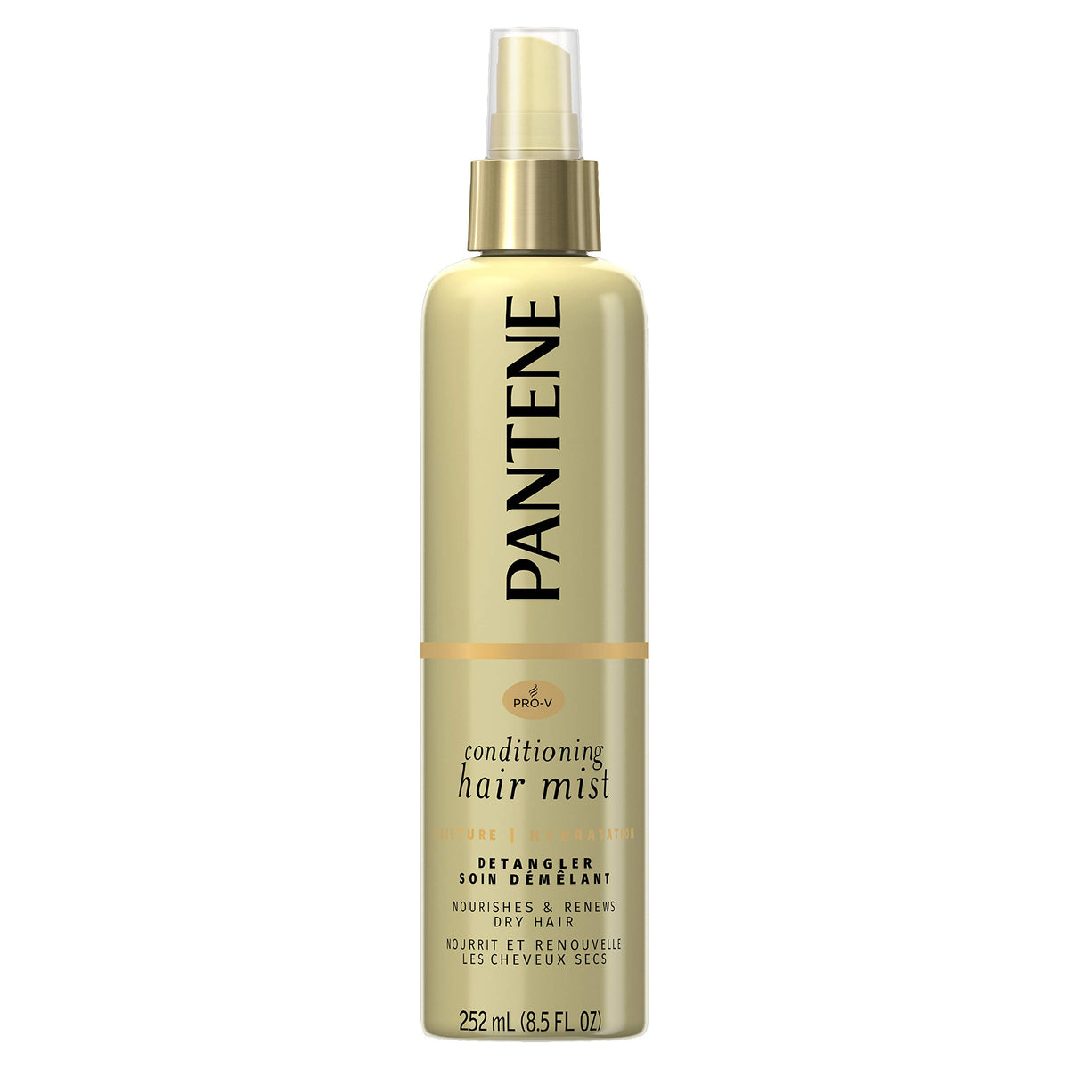 Pantene front packaging showing Moisture Conditioning Mist for quick detangling benefit