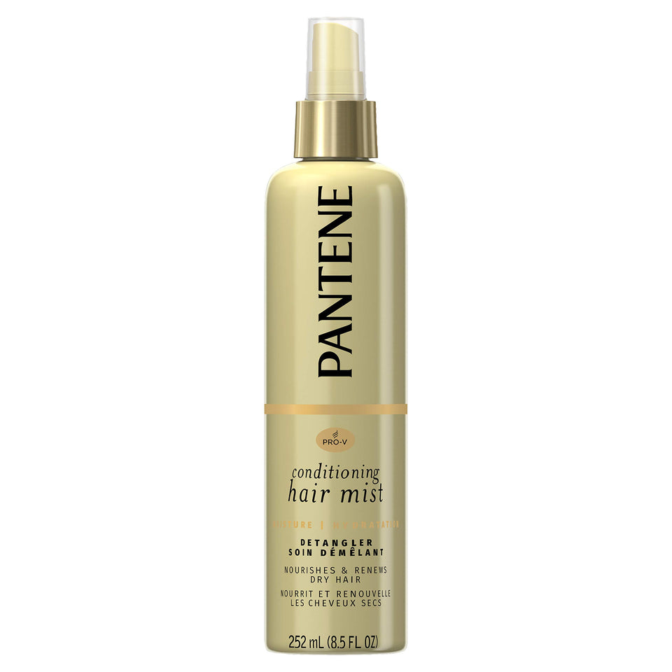 Pantene front packaging showing Moisture Conditioning Mist for quick detangling benefit