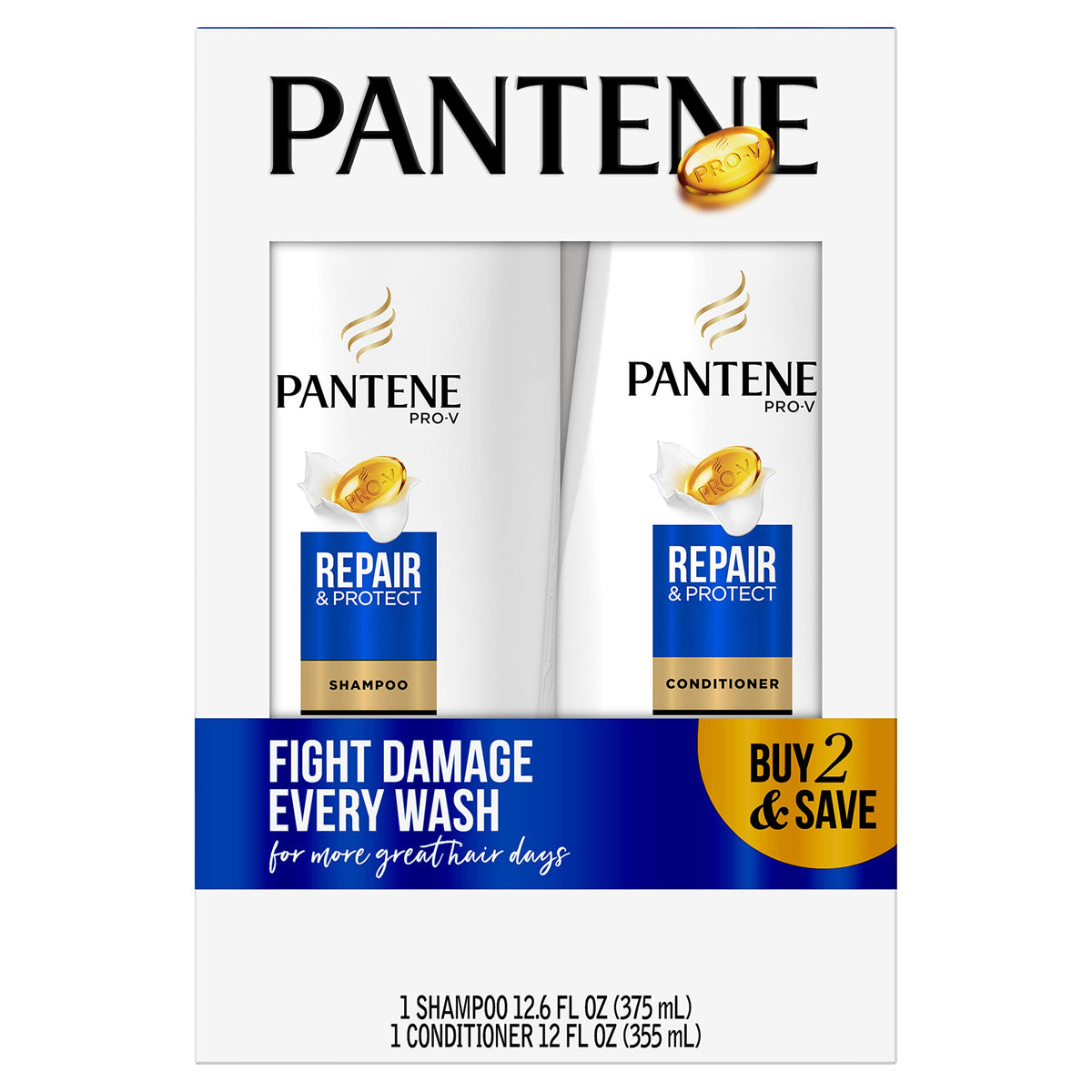 Pantene Pro-V front packaging showing both bottles and visible repair benefits