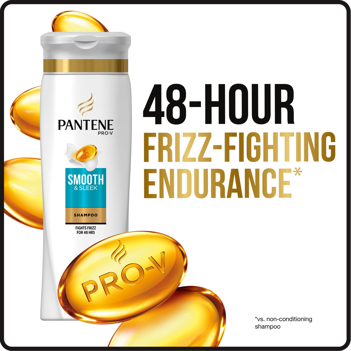Pantene Pro-V bottle open with shampoo pouring to show smooth texture and ease of use