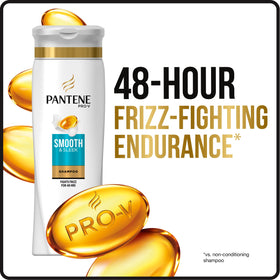 Pantene Pro-V bottle open with shampoo pouring to show smooth texture and ease of use