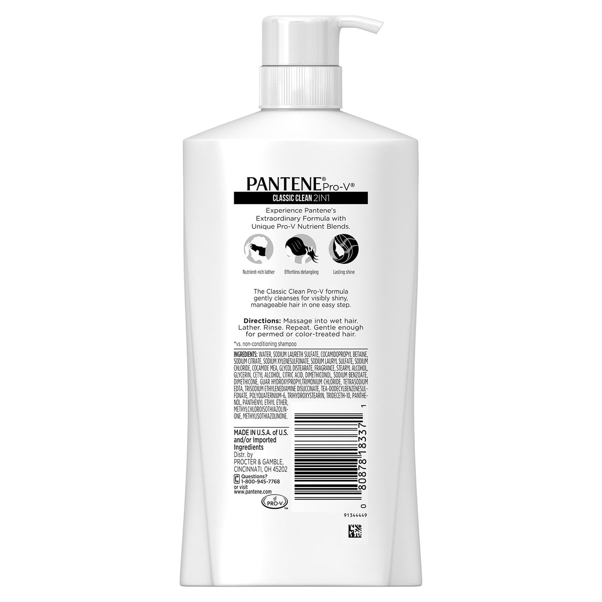 Pantene Pro‑V ingredients label closeup highlighting formula details and benefits