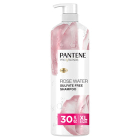Pantene bottle front view showing rose water shampoo and pump benefit hydration