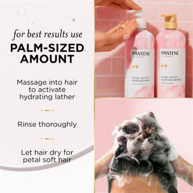 Rose petals with Pantene bottle emphasizing rose water ingredient benefits