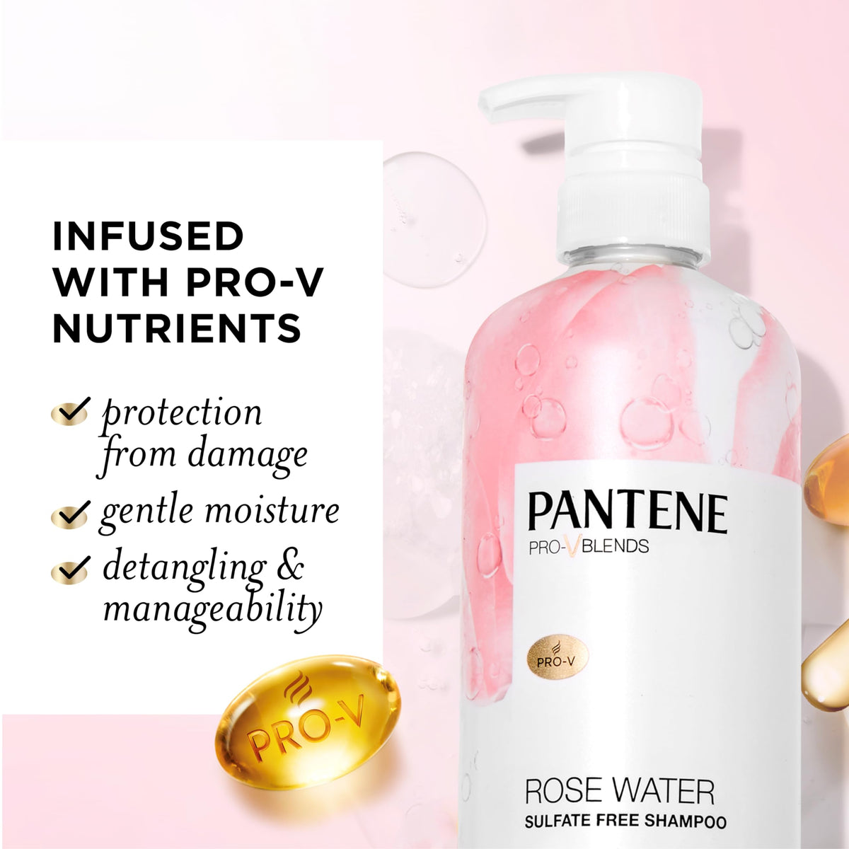 Pantene pump nozzle dispensing shampoo highlighting easy application and control
