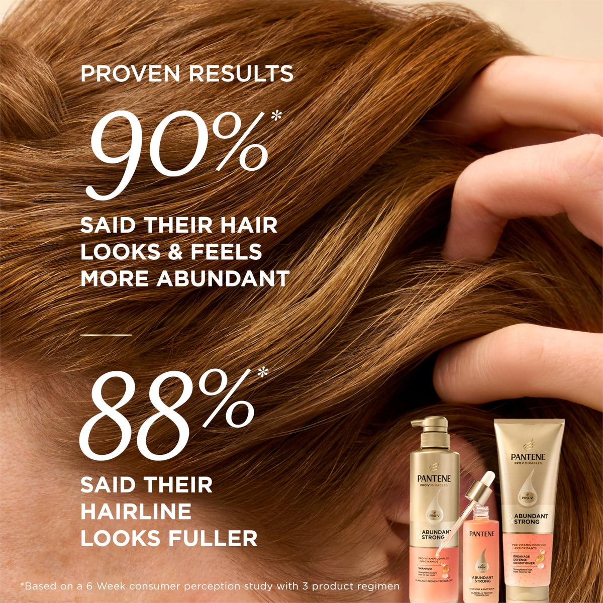 Pantene serum displayed with shampoo and conditioner for system use