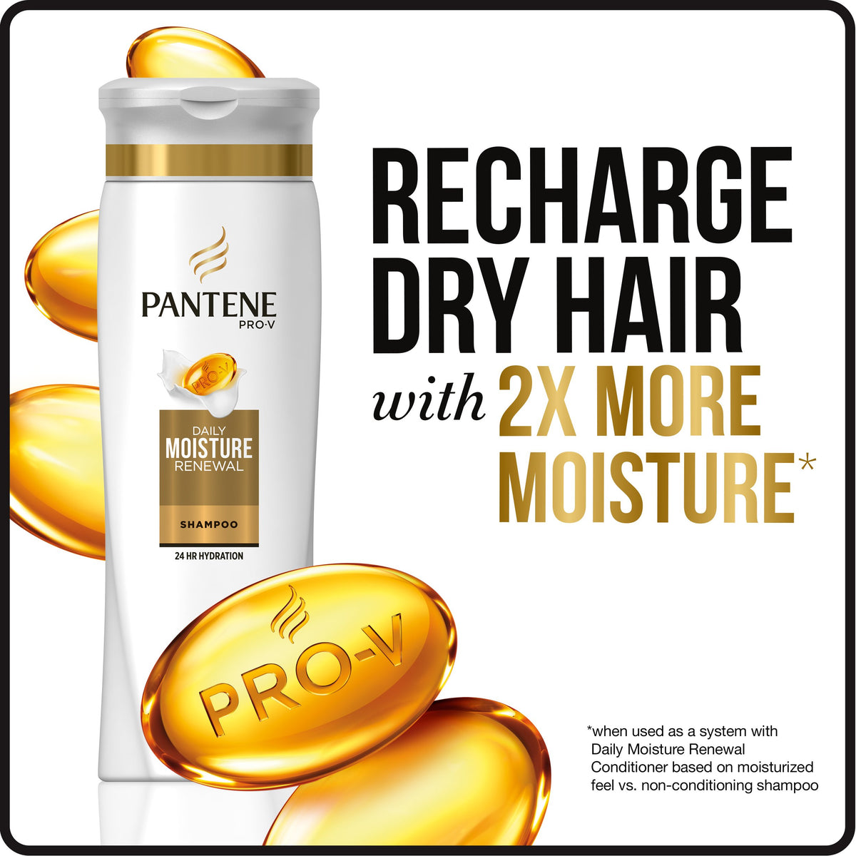 Pantene shampoo bottle in shower showing convenient use and rinseability