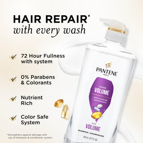 Pantene bottle close-up label highlighting Pro-V nutrients and color-safe benefits for fine hair