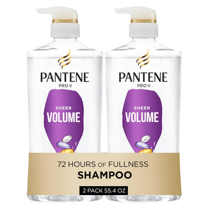 Pantene sheer volume front packaging showing two large shampoo bottles and included ampoule for added value
