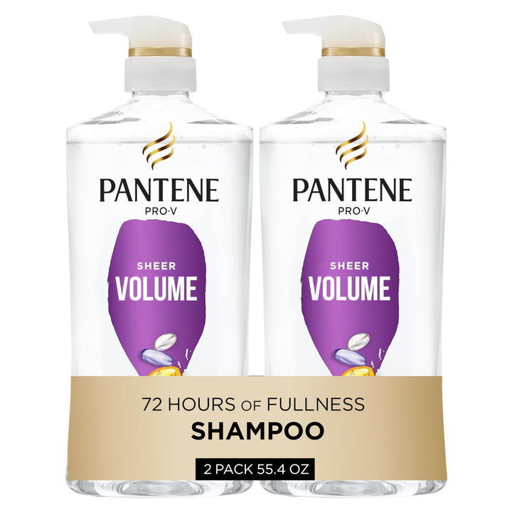 Pantene sheer volume front packaging showing two large shampoo bottles and included ampoule for added value