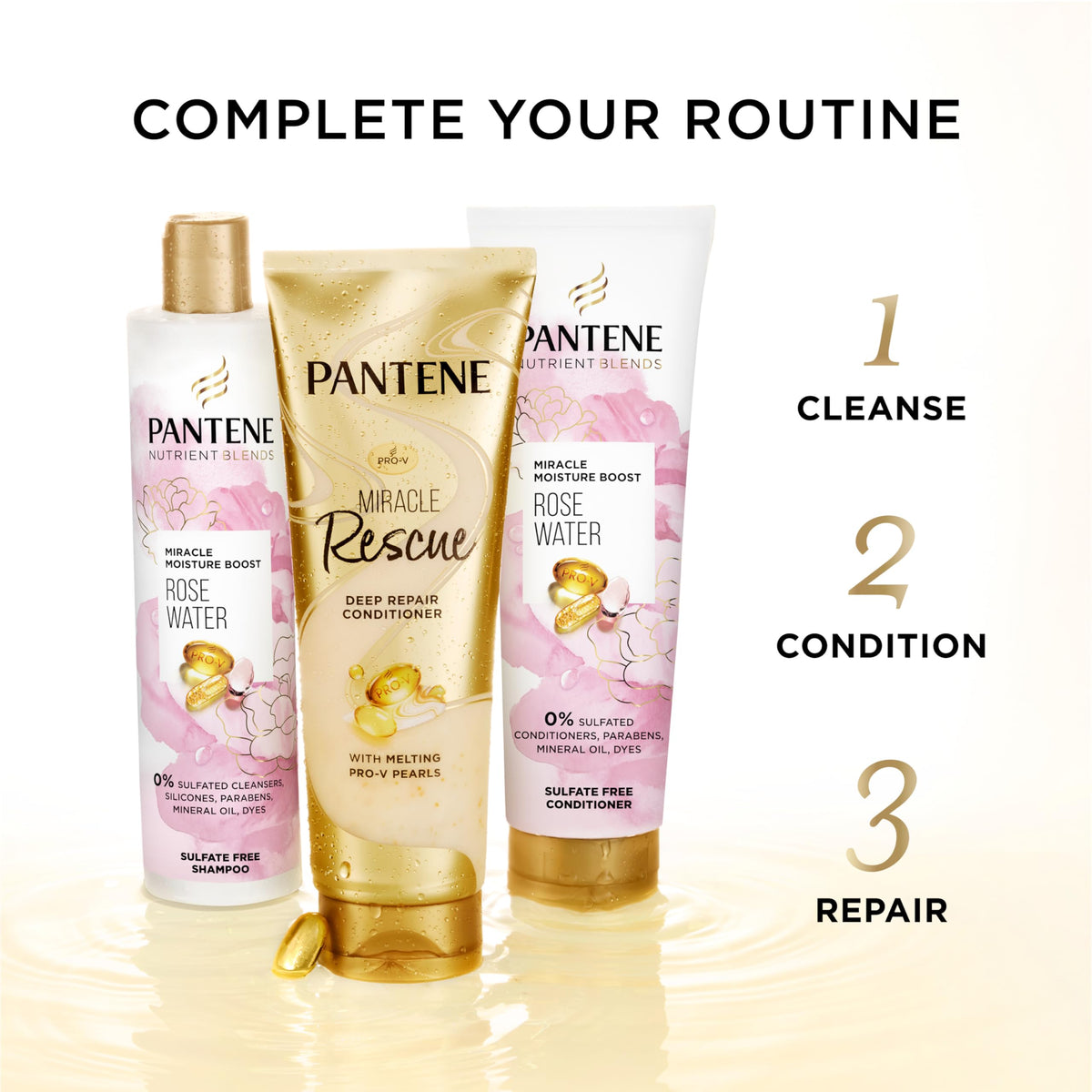 Pantene bottles held in hand for scale and travel-friendly size