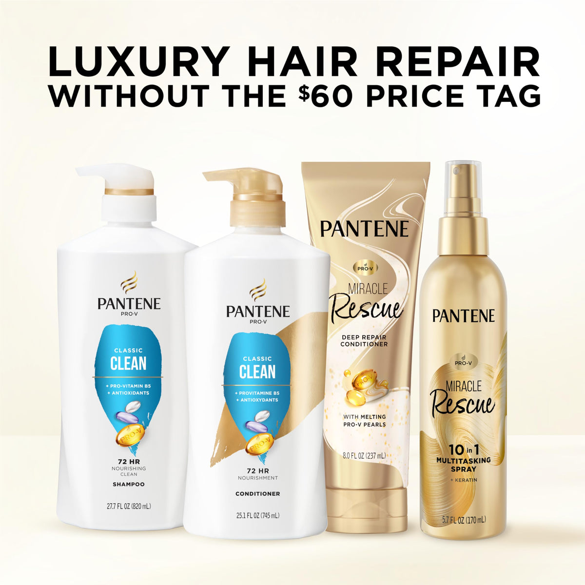 Pantene bottles beside hand to show true 27.7 oz size and scale
