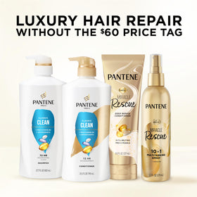 Pantene bottles beside hand to show true 27.7 oz size and scale