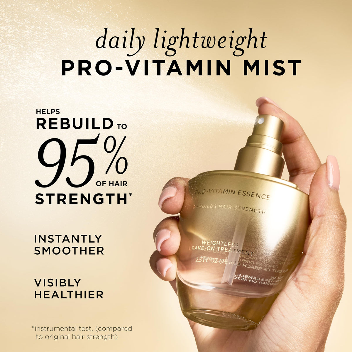 Pantene Pro‑Vitamin Essence nozzle spraying fine mist for even distribution