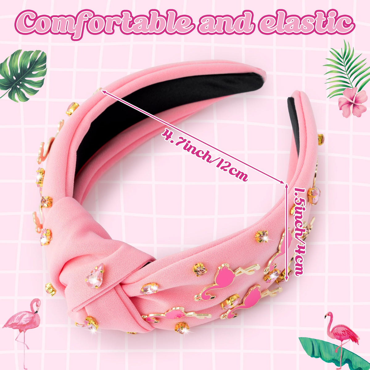 PANTIDE flamingo headband close-up of rhinestone crystals highlighting decorative detail