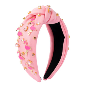 PANTIDE flamingo headband front view showing rhinestones and pink knot for stylish sparkle