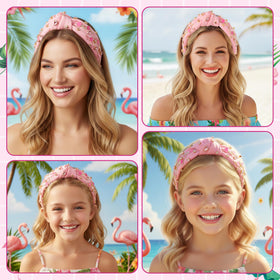 PANTIDE flamingo headband in hand to show scale and lightweight, portable benefit