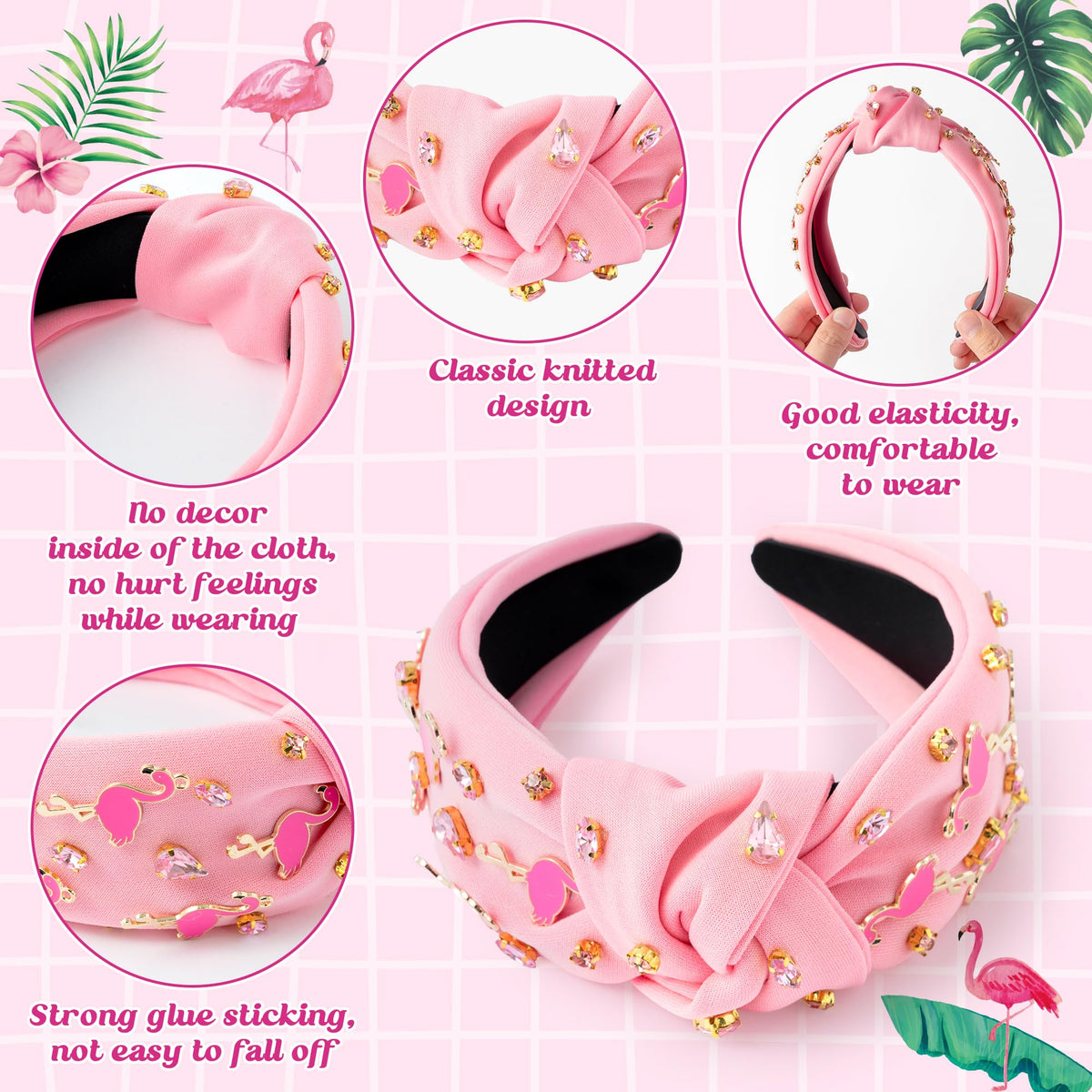 PANTIDE flamingo headband top knot detail displaying fabric texture and flamingo accent