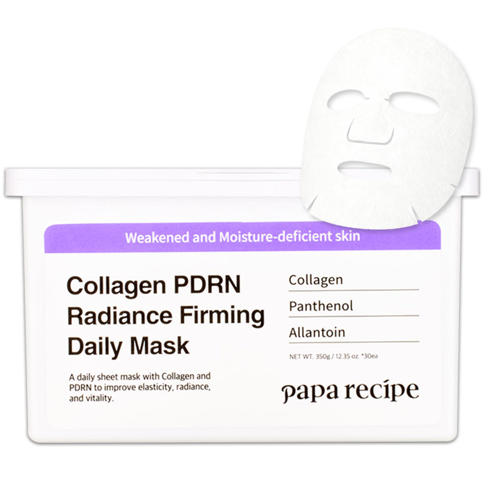 Papa Recipe front packaging of 30-count PDRN x Collagen masks showing product benefits