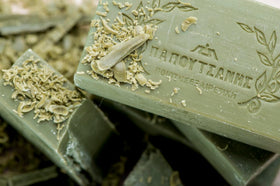 Papoutsanis soap in bathroom setting illustrating everyday hypoallergenic use