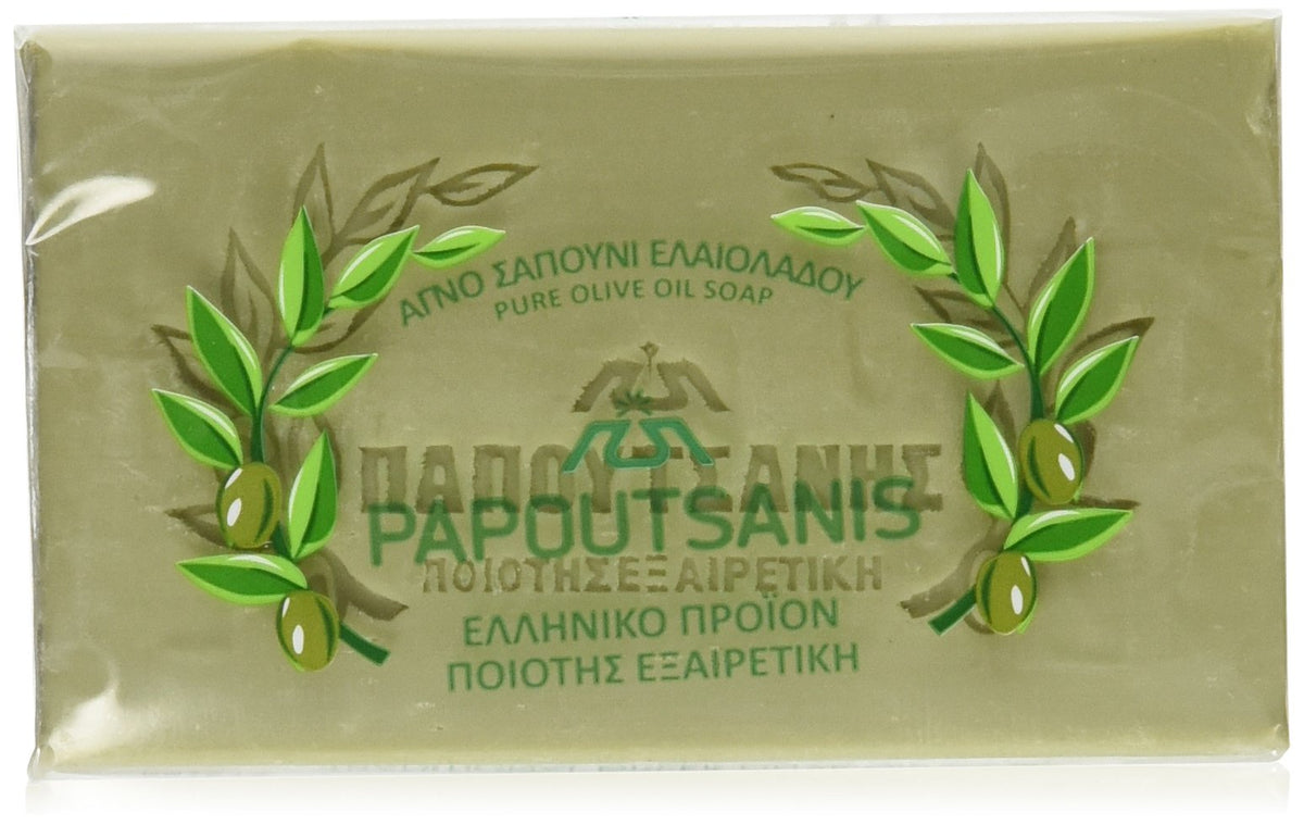 Papoutsanis olive oil soap front packaging showing six 125g bars, reliable gentle cleansing