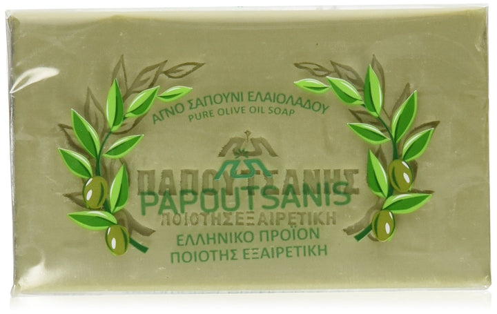 Papoutsanis olive oil soap front packaging showing six 125g bars, reliable gentle cleansing