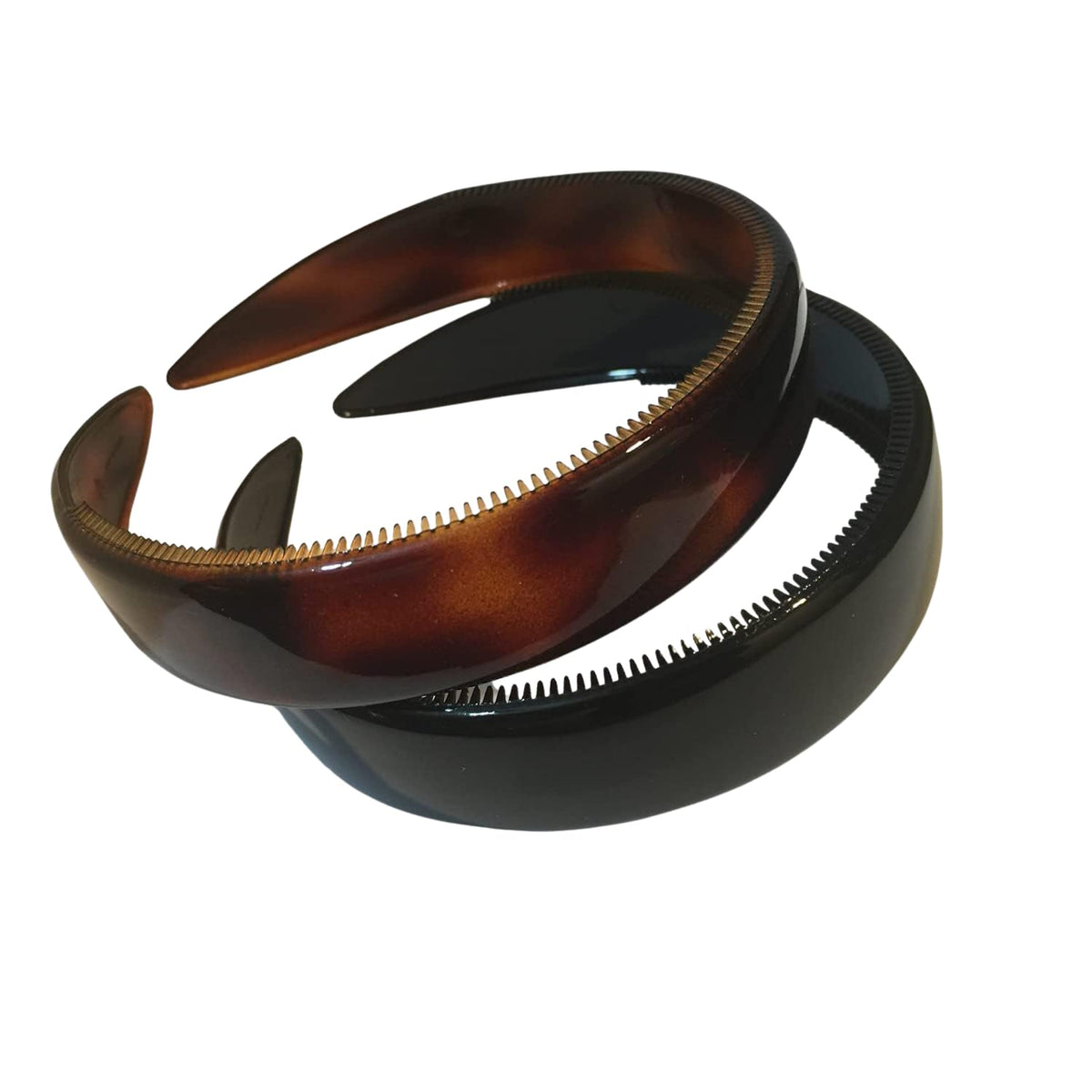 Parcelona front view of set of two headbands showing glossy tortoise pattern and packaging benefits