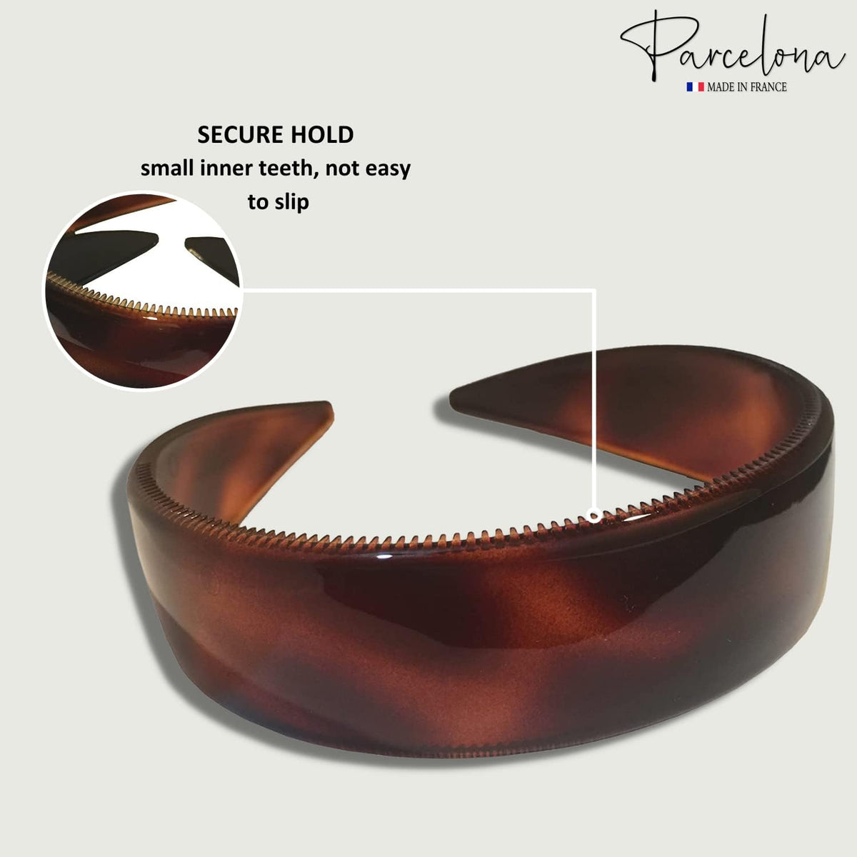 Parcelona side profile showing 1-inch width for comfortable coverage and secure styling