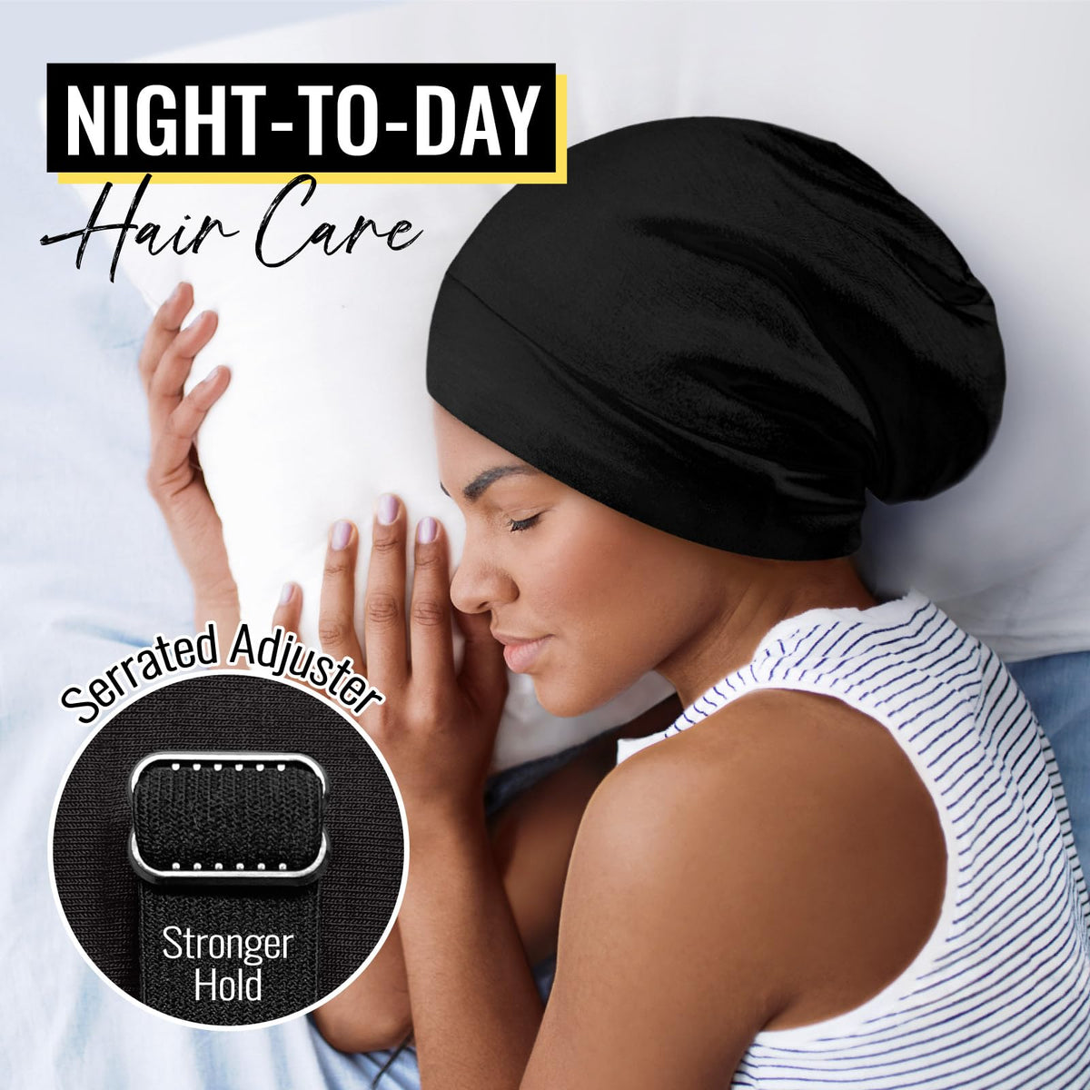 PARISBELLA bonnet worn by model with curly hair showing frizz reduction benefit